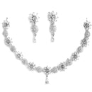 Flower Shaped Rhodium-Plated with Silver-Tone & White American Diamond Studded Jewellery Set