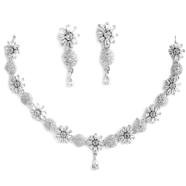 Flower Shaped Rhodium-Plated with Silver-Tone & White American Diamond Studded Jewellery Set