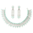 Rhodium-Plated with Silver-Tone Sea Green American Diamonds-Studded Handcrafted Jewellery Set