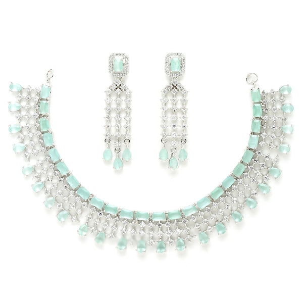 Rhodium-Plated with Silver-Tone Sea Green American Diamonds-Studded Handcrafted Jewellery Set