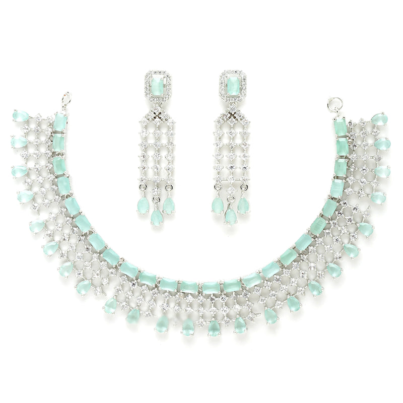 Rhodium-Plated with Silver-Tone Sea Green American Diamonds-Studded Handcrafted Jewellery Set