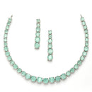Rhodium-Plated with Silver-Toned Sea Green American Diamond Studded Jewellery Set