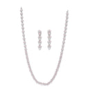 Rhodium-Plated Silver Toned Leaf Pink American Diamond Studded Long Necklace with Drop Earrings Jewellery Set