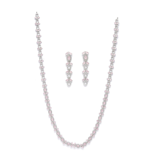 Rhodium-Plated Silver Toned Leaf Pink American Diamond Studded Long Necklace with Drop Earrings Jewellery Set