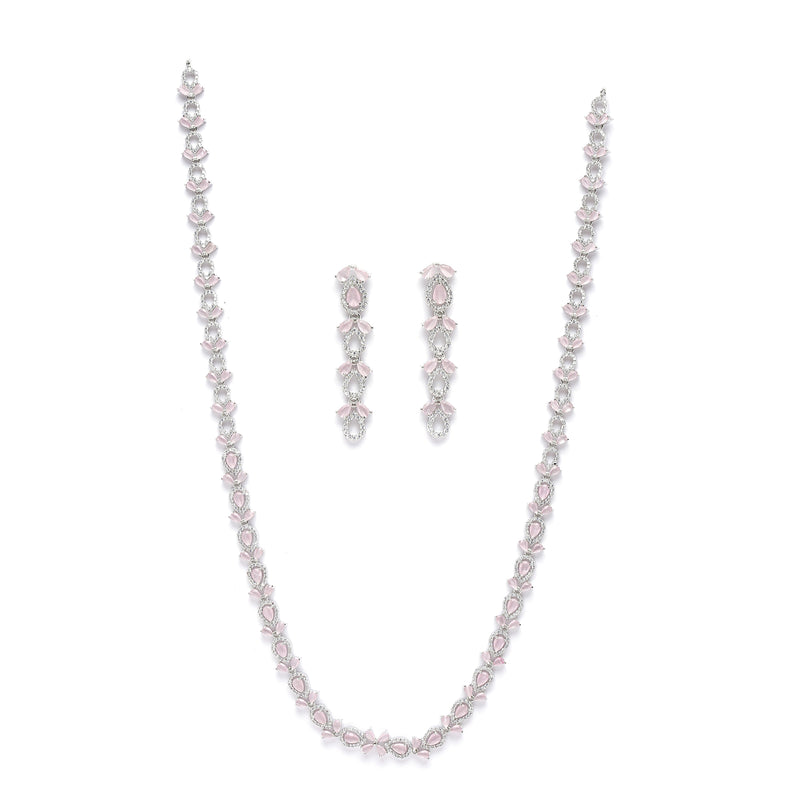 Rhodium-Plated Silver Toned Leaf Pink American Diamond Studded Long Necklace with Drop Earrings Jewellery Set