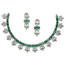 Rhodium-Plated Silver Toned Rectangle Green American Diamond Studded Necklace Earrings Jewellery Set