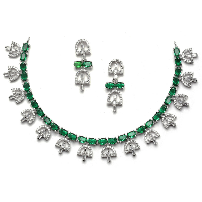 Rhodium-Plated Silver Toned Rectangle Green American Diamond Studded Necklace Earrings Jewellery Set