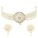 Rhodium-Plated with Silver-Tone White Stone-Studded Pearl-Beaded Jewellery Set