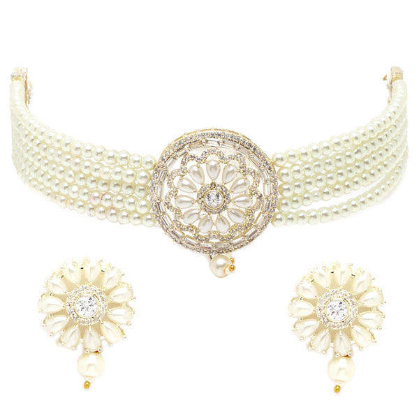 Rhodium-Plated with Silver-Tone White Stone-Studded Pearl-Beaded Jewellery Set