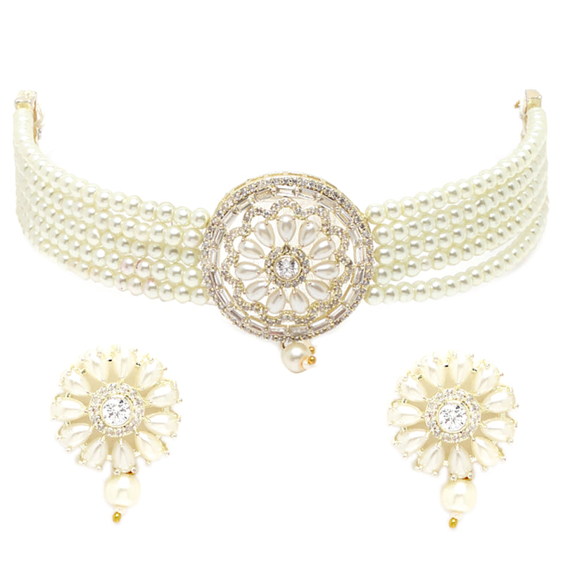 Rhodium-Plated with Silver-Tone White Stone-Studded Pearl-Beaded Jewellery Set