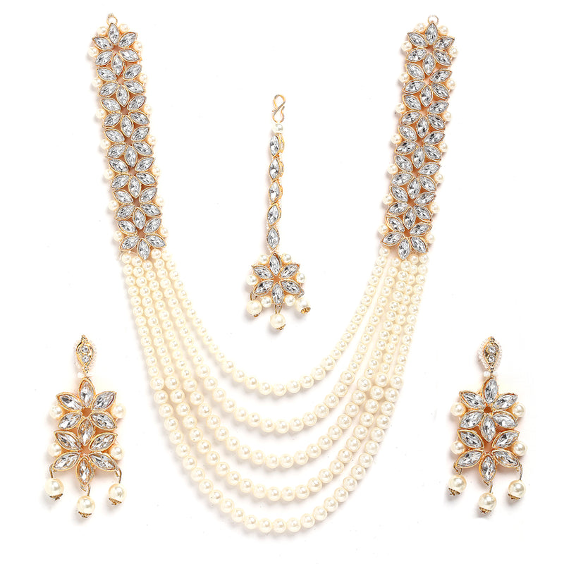 Flower Shaped Gold-Plated Kundan Pearl & Ruby White Beads Studded Necklace Set With Crystal Earring and Maang Tika