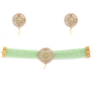 Multistrand Gold-Plated Lime Green & White American Diamond Stone Studded & Beaded Jewellery Set