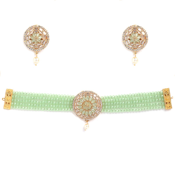 Multistrand Gold-Plated Lime Green & White American Diamond Stone Studded & Beaded Jewellery Set
