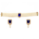 White & Navy Blue Gold-Plated American Diamond Studded and Pearl Beaded Choker Jewellery Set