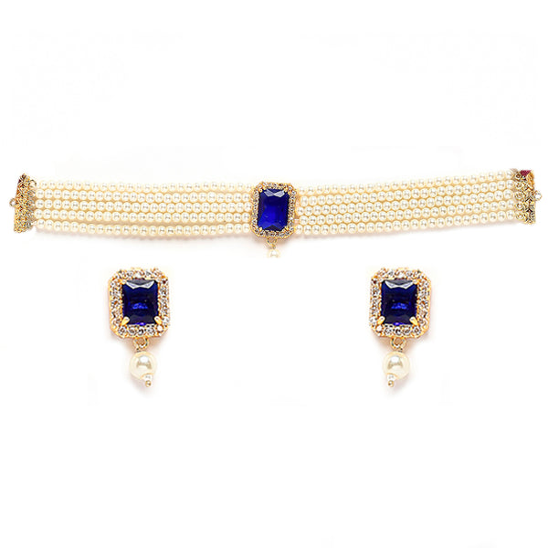 White & Navy Blue Gold-Plated American Diamond Studded and Pearl Beaded Choker Jewellery Set