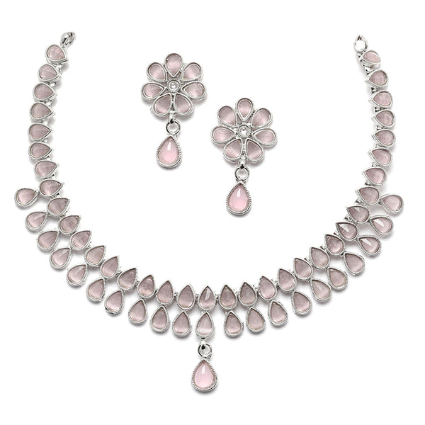 Oxidised Silver-Plated Pear Shaped Pink American Diamond Studded Necklace with Earring Jewellery Set