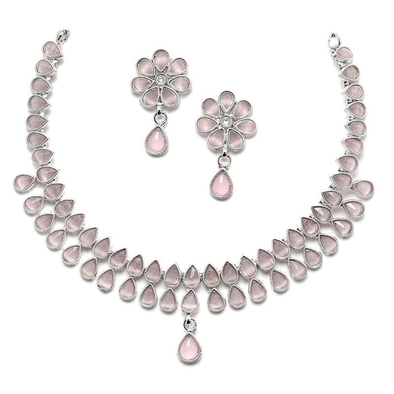 Oxidised Silver-Plated Pear Shaped Pink American Diamond Studded Necklace with Earring Jewellery Set