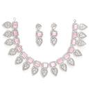 Pink & Silver-Toned & Plated Crystal Studded Leaf Shaped Jewellery Set