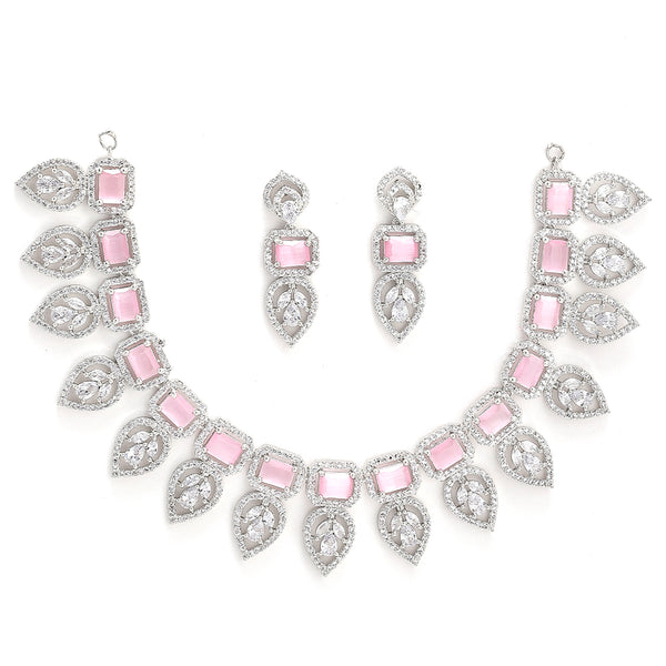 Pink & Silver-Toned & Plated Crystal Studded Leaf Shaped Jewellery Set