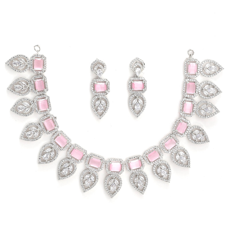 Pink & Silver-Toned & Plated Crystal Studded Leaf Shaped Jewellery Set