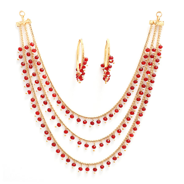 Gold-Plated Red Pearl Drop Intricate Layered Necklace with Hoop Earrings Set