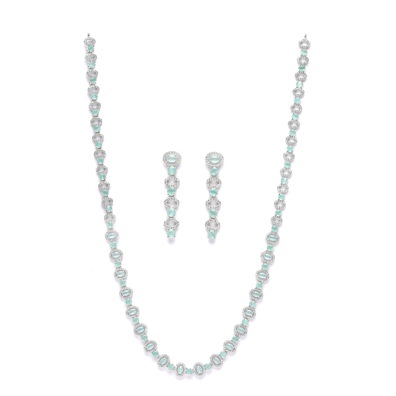 Rhodium-Plated Silver Toned Oval Sea Green American Diamond Long Necklace with Drop Earrings Jewellery Set
