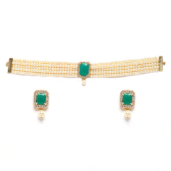 White & Green Gold-Plated American Diamond Studded Choker Jewellery Set
