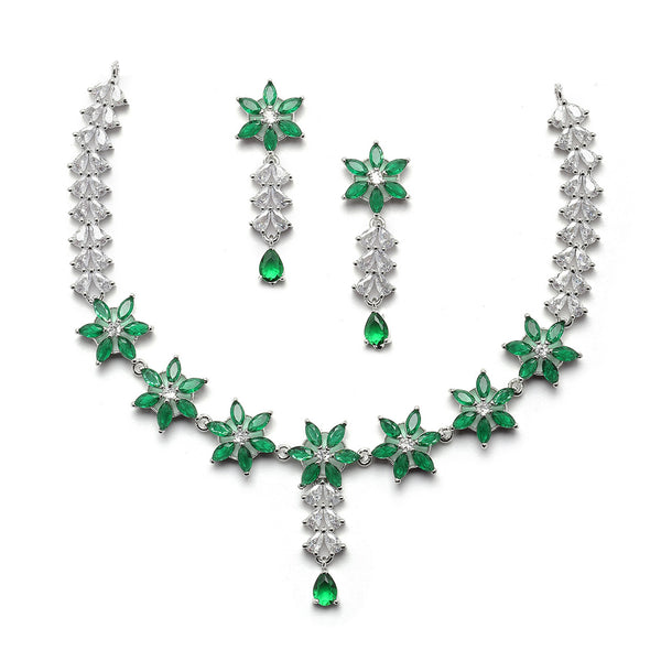 Rhodium-Plated Silver Toned Star Green American Diamond Studded Necklace Earrings Jewellery Set