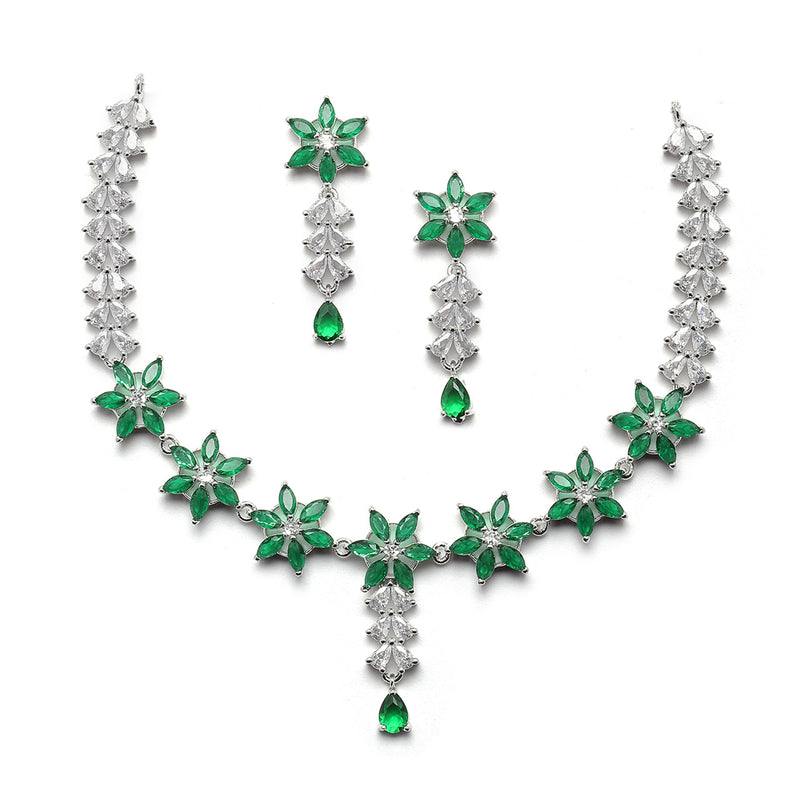 Rhodium-Plated Silver Toned Star Green American Diamond Studded Necklace Earrings Jewellery Set