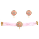 Peach & White American Diamond Stone Gold-Plated Stone Studded & Beaded Jewellery Set