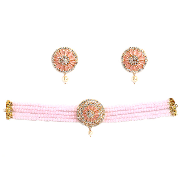 Peach & White American Diamond Stone Gold-Plated Stone Studded & Beaded Jewellery Set
