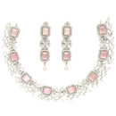 Rhodium-Plated with Silver-Toned Pink and White American Diamond Studded Necklace and Earrings Jewellery Set
