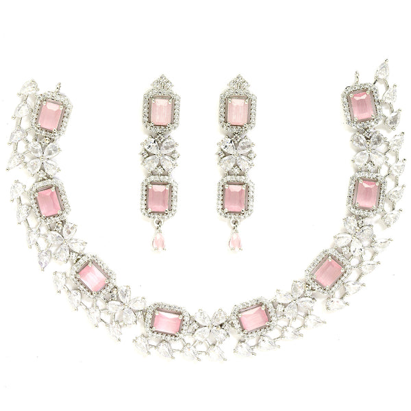 Rhodium-Plated with Silver-Toned Pink and White American Diamond Studded Necklace and Earrings Jewellery Set