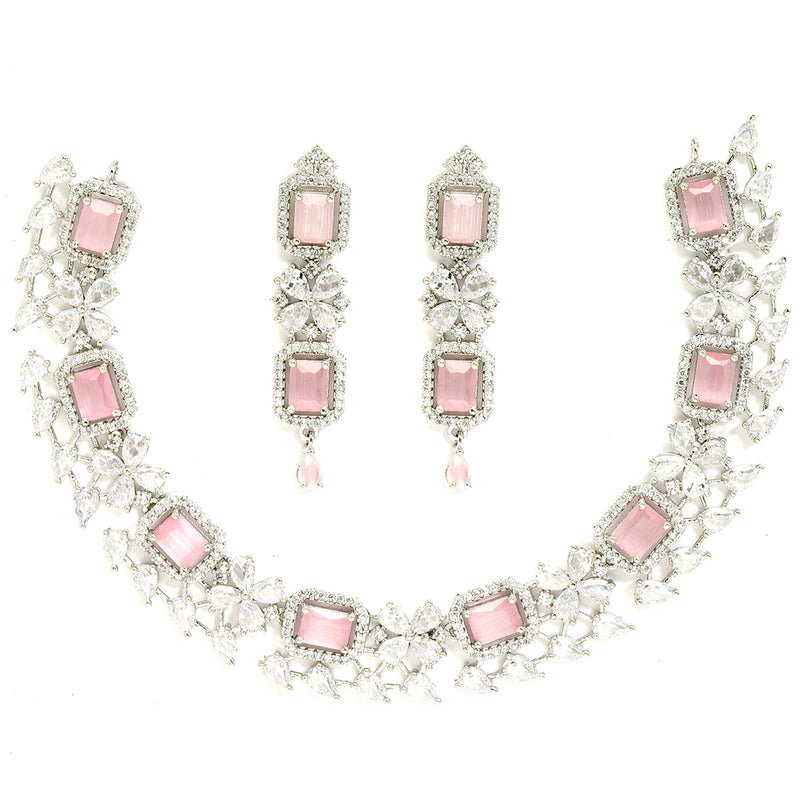 Rhodium-Plated with Silver-Toned Pink and White American Diamond Studded Necklace and Earrings Jewellery Set