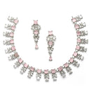 Rhodium-Plated with Silver-Toned Leaf Design Pink and White American Diamond Studded Jewellery Set