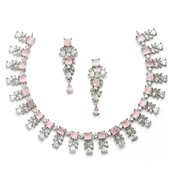 Rhodium-Plated with Silver-Toned Leaf Design Pink and White American Diamond Studded Jewellery Set