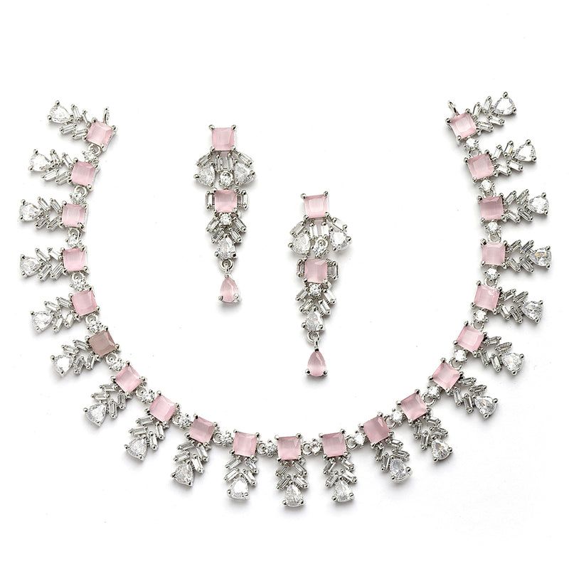 Rhodium-Plated with Silver-Toned Leaf Design Pink and White American Diamond Studded Jewellery Set