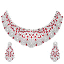 Rhodium-Plated Silver Toned Red American Diamond Choker Necklace with Earrings Jewellery Set
