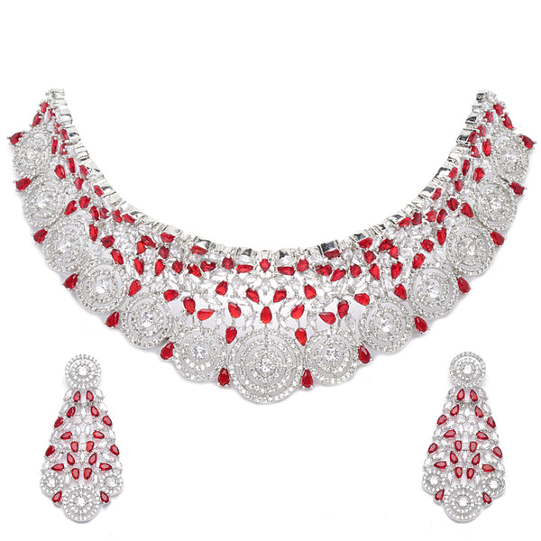 Rhodium-Plated Silver Toned Red American Diamond Choker Necklace with Earrings Jewellery Set
