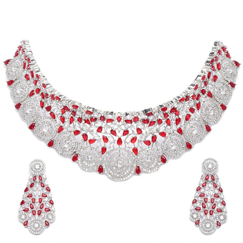 Rhodium-Plated Silver Toned Red American Diamond Choker Necklace with Earrings Jewellery Set
