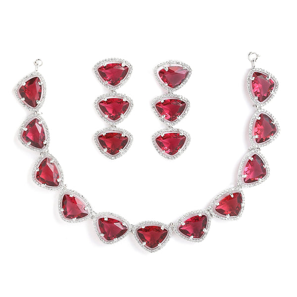 Rhodium-Plated with Silver-Tone Triangular Red & White American Diamond Studded Jewellery Set