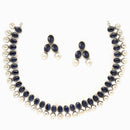 Rhodium-Plated with Oxidized Silver-Toned Navy Blue Cubic Zirconia Stone Studded & White Pearl Beaded Necklace and Earrings Jewellery Set