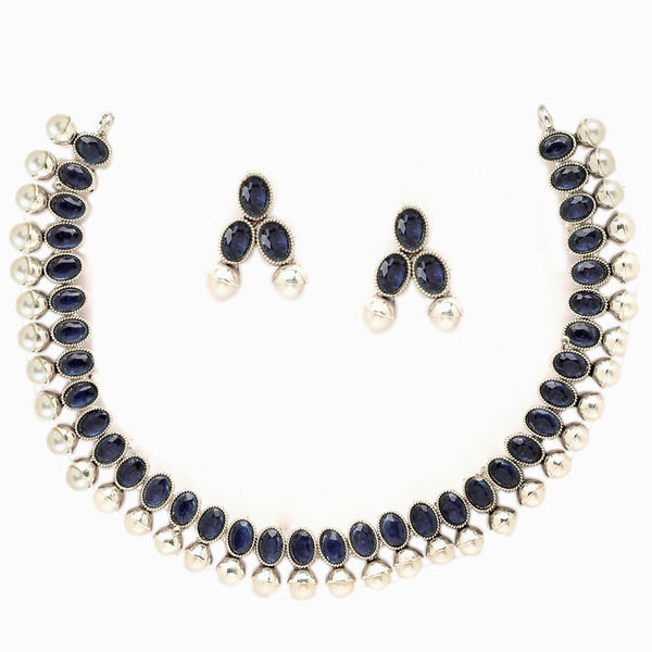 Rhodium-Plated with Oxidized Silver-Toned Navy Blue Cubic Zirconia Stone Studded & White Pearl Beaded Necklace and Earrings Jewellery Set