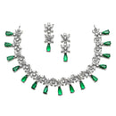 Rhodium-Plated Silver Toned Teardrop Green American Diamond Studded Necklace Earrings Jewellery Set