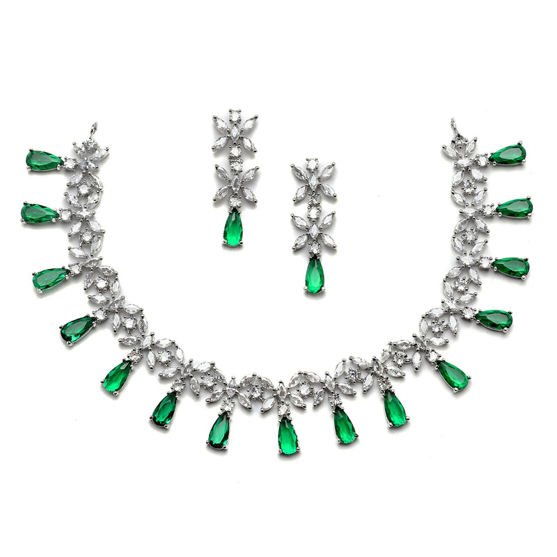 Rhodium-Plated Silver Toned Teardrop Green American Diamond Studded Necklace Earrings Jewellery Set