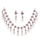 Rhodium-Plated with Oxidised Silver-Tone Red & White Kundan-Studded & Beaded Jewellery Set