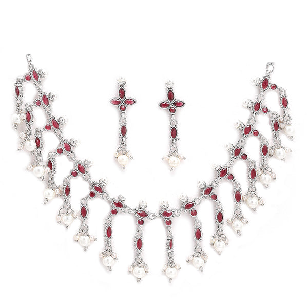 Rhodium-Plated with Oxidised Silver-Tone Red & White Kundan-Studded & Beaded Jewellery Set