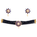 Floral Gold-Plated Navy Blue & White American Diamond Studded & Beaded Jewellery Set