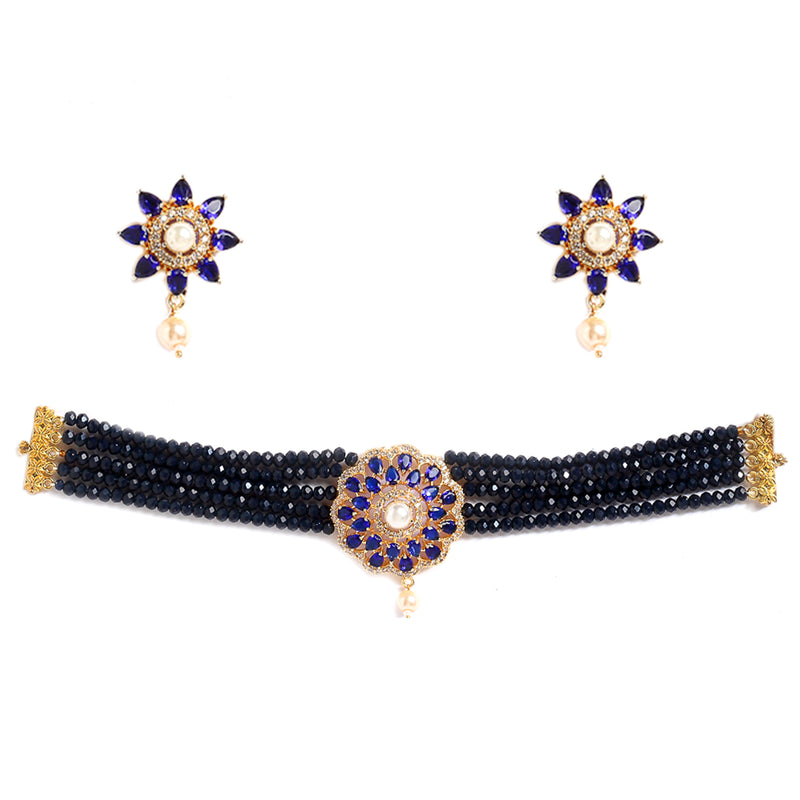 Floral Gold-Plated Navy Blue & White American Diamond Studded & Beaded Jewellery Set