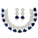 Rhodium-Plated with Silver-Toned Navy Blue and White American Diamond Studded Choker Necklace and Drop Earrings Jewellery Set